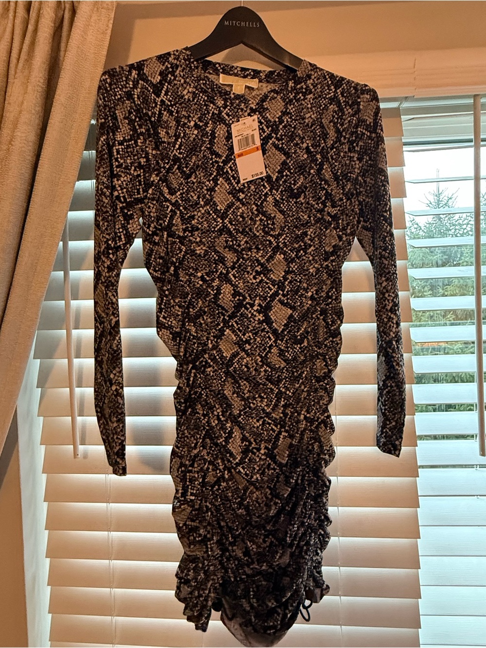 Michael Kors Black and White Snake-Print Long-Sleeve Ruched Dress